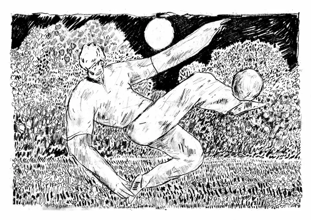 A drawing of a person playing soccer at night